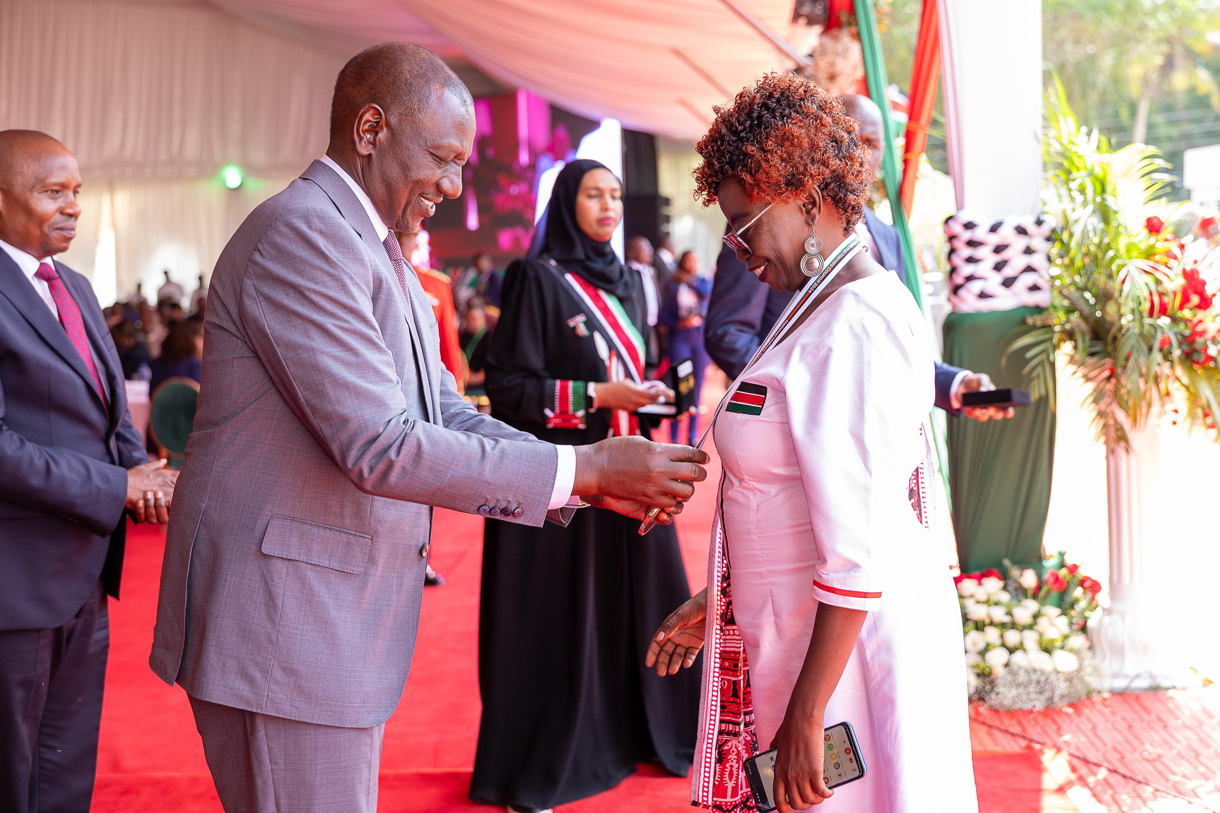 President William Ruto honouring heroes during the marking of the 61st Mashujaa Day at Kwale stadium in Kwale County.